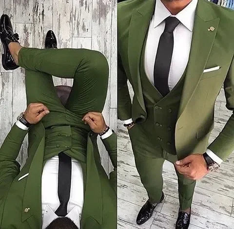 Men's olive green 3-piece slim fit suit with notch lapel, stylish tuxedo by SOLOVEDRESS, featuring jacket, vest, and trousers.