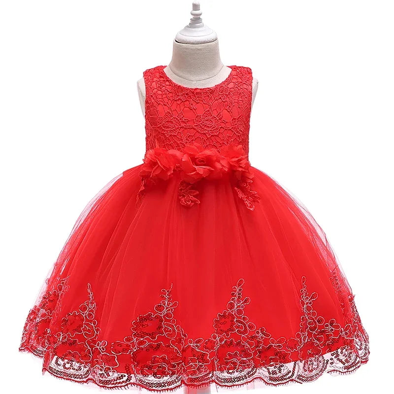 Girl's summer lace princess dress with floral design, suitable for ages 2-12, featuring a tutu skirt for birthday parties and special occasions.