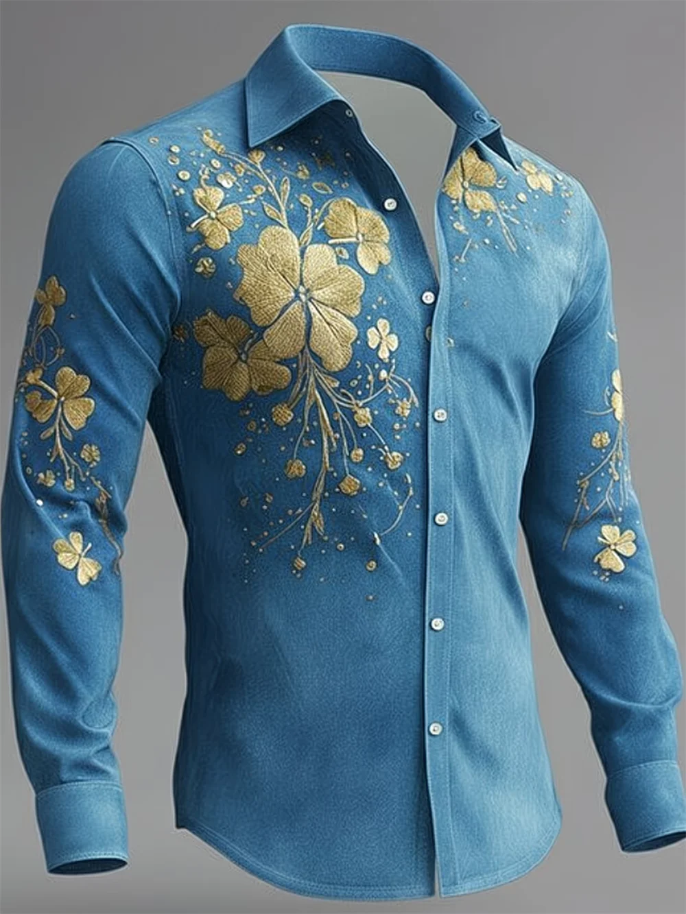 Men's long sleeve shirt with 3D clover print and collar, casual high-quality patterned top by Showlu Fashion Store.