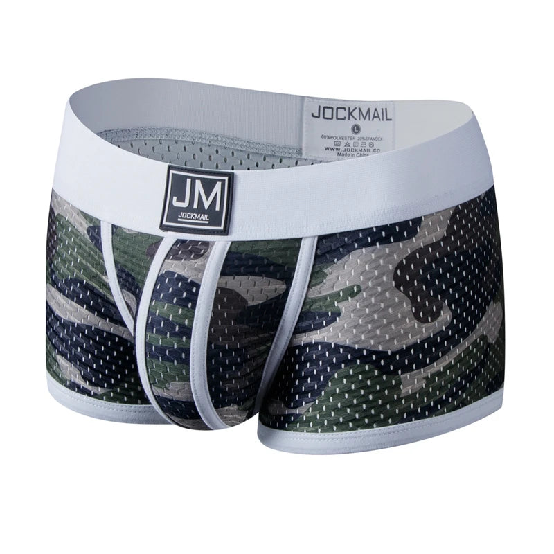 Men's camouflage nylon boxer briefs with mesh design and supportive pouch, by JOCKMAIL for comfortable underwear wear