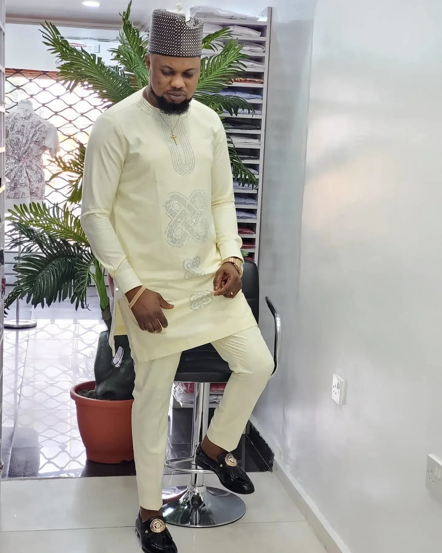 Men's African Kaftan tracksuit set by SHOWLU FASHION STORE, featuring embroidered 2-piece suit with traditional and modern style details.
