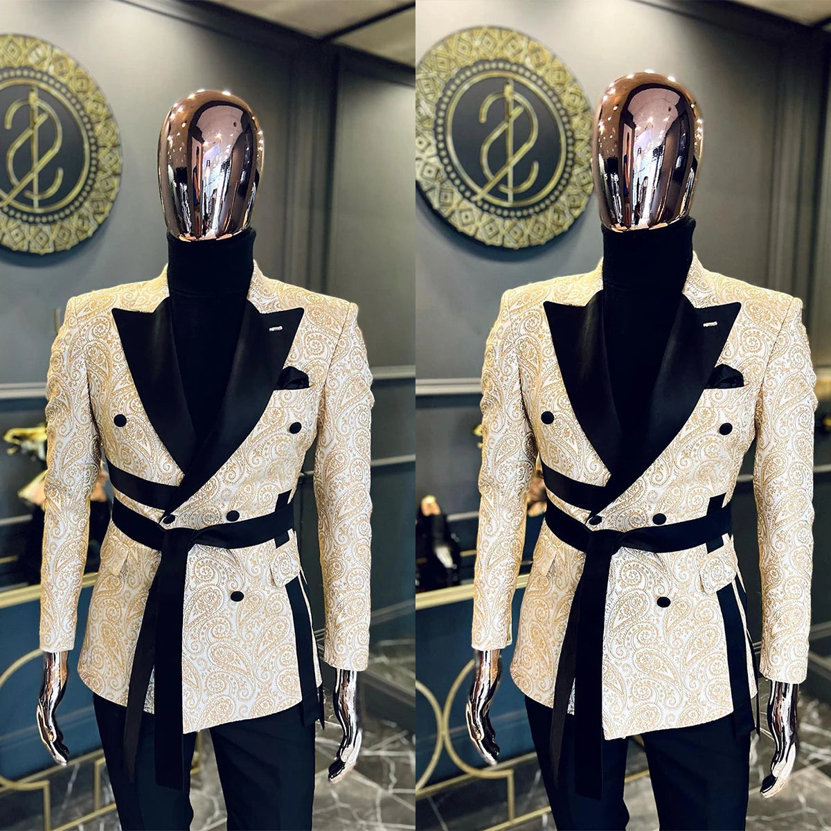 Designer Men Wedding  Blazer Floral Jacquard Coat Peaked Lapel Double Breasted For Male Prom Customize Only Jacket