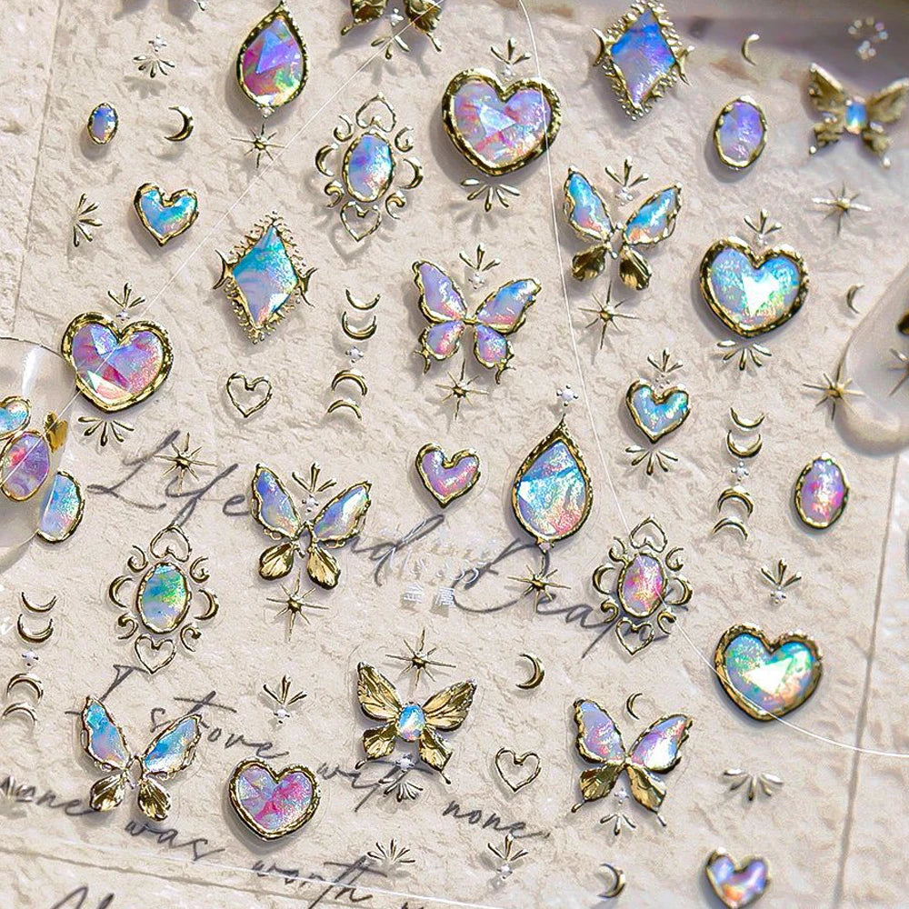 Elegant gold scepter 5D nail art stickers with gemstone design, self-adhesive manicure decals, luxury courtly pattern for nails