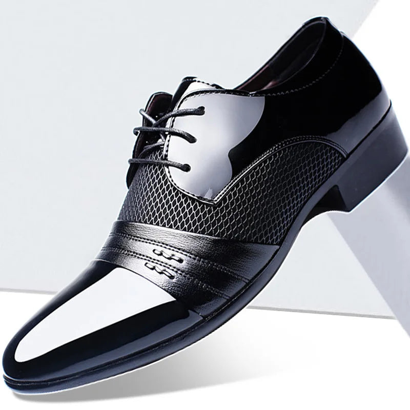 Men's pointed toe leather dress shoes by Showlu Fashion with classic lace-up design, suitable for formal and business occasions.