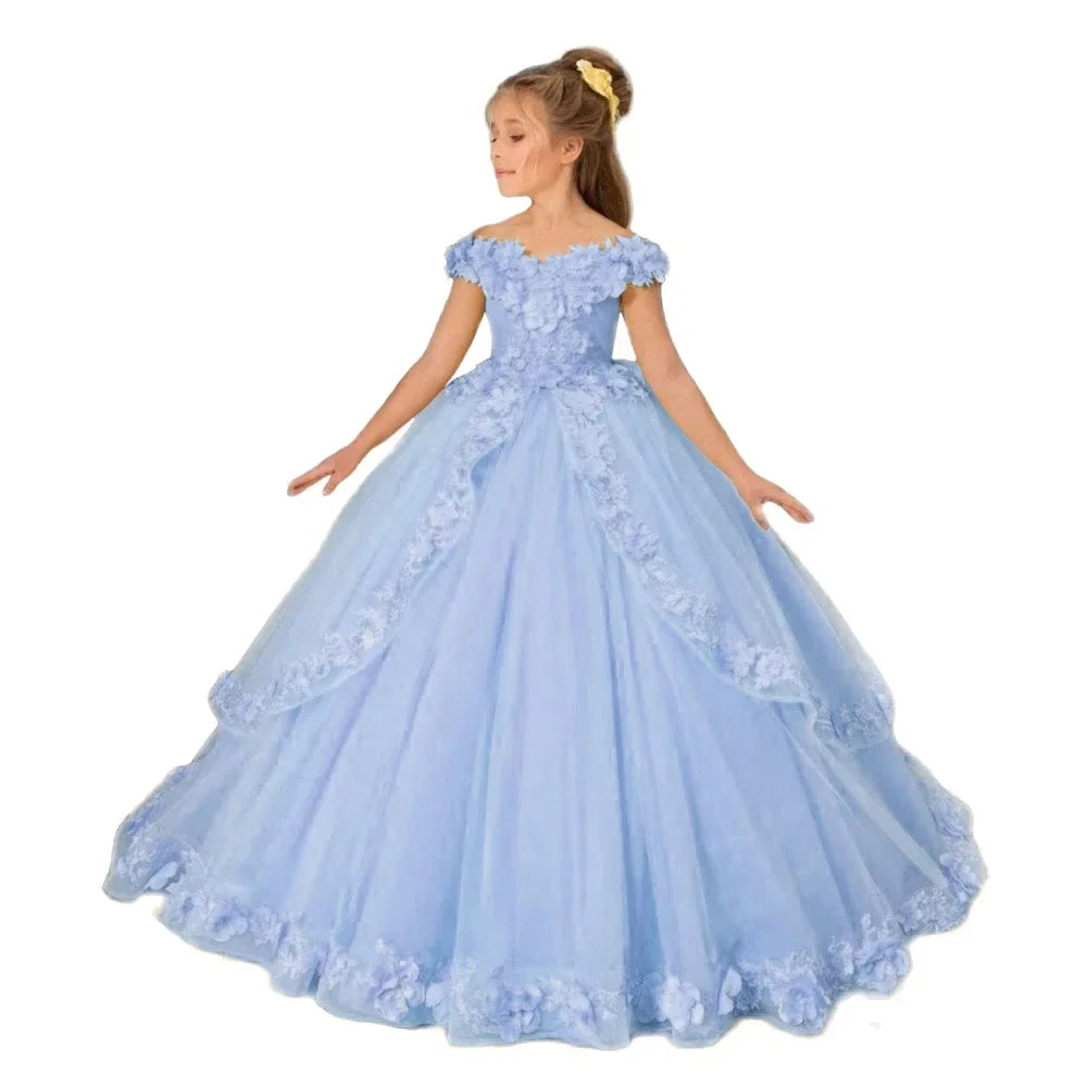 Yellow flower girl dress by Showlu Fashion, beaded appliqué, suitable for pageants, birthdays, and first communions for girls.