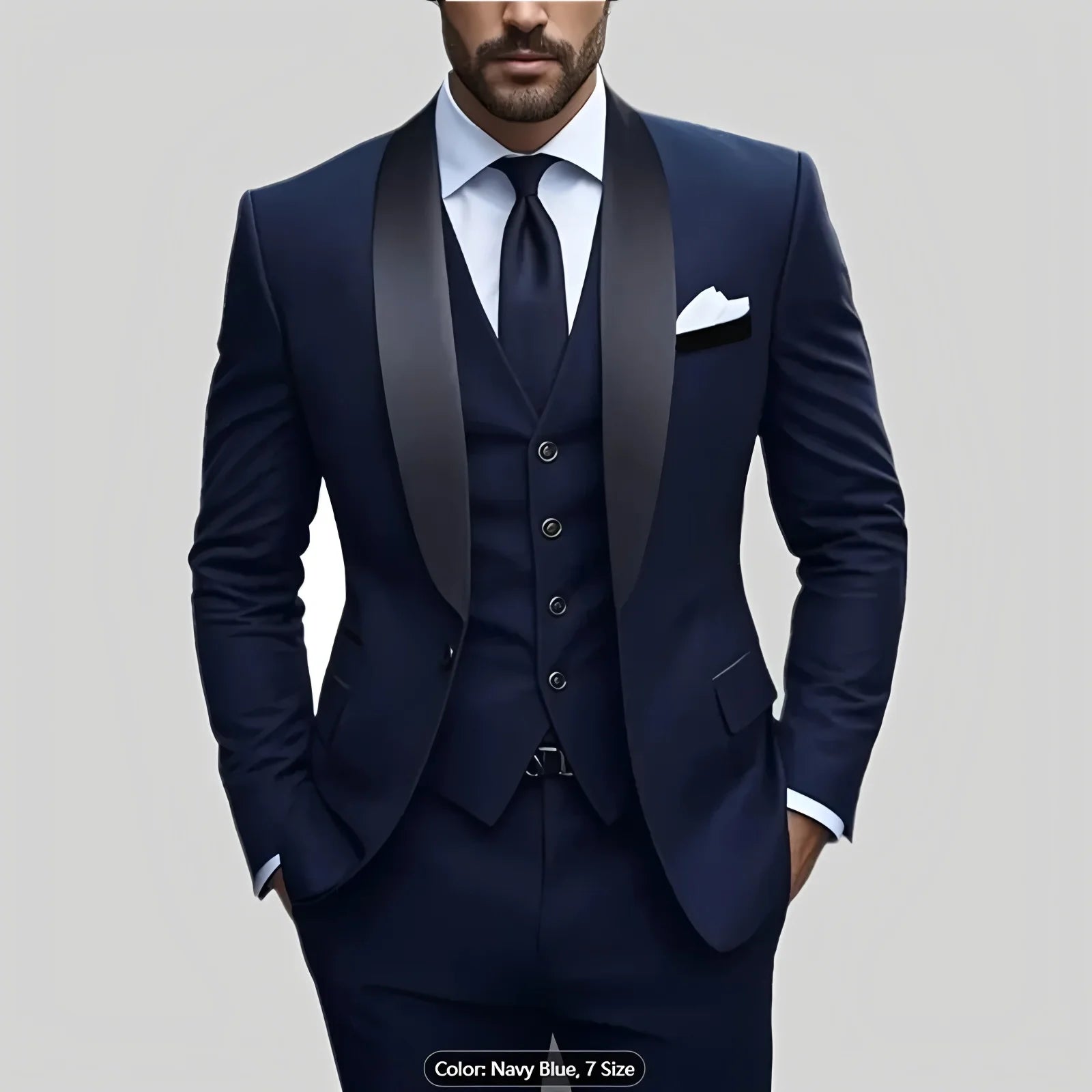 Men's formal business suit with jacket, vest, and trousers in solid color, suitable for office, wedding, or party occasions.