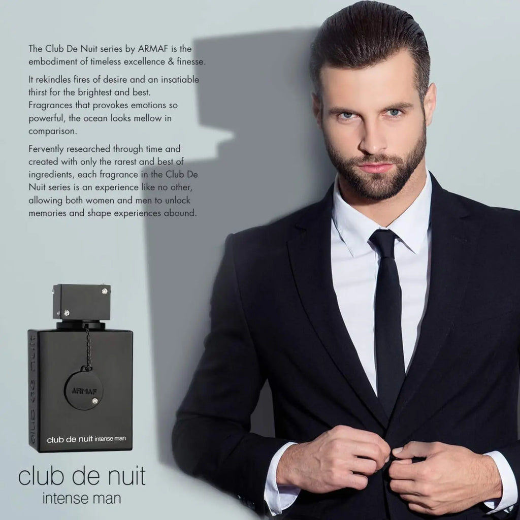 Armaf Club De Nuit Intense Man Eau de Toilette bottle with woody spicy fragrance, 3.6oz, showcasing the sleek glass design.
