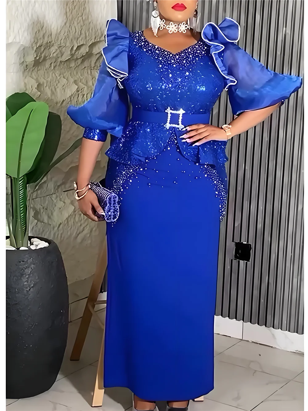 Plus size African party dress by Showlu Fashion featuring a sequin maxi long dress for women, suitable for elegant weddings and evening events.