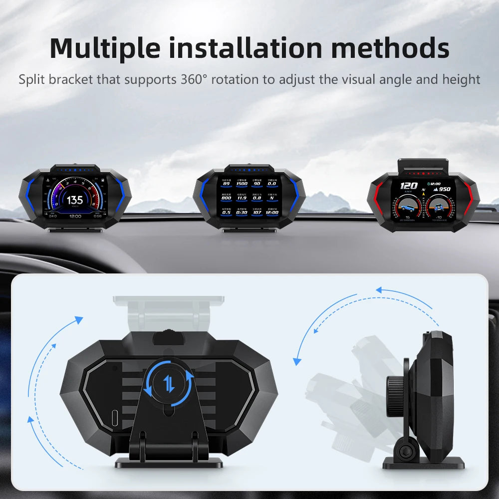 Showlu P24 Car HUD display showing speed and inclinometer readings on a vehicle dashboard with OBD2 and GPS features