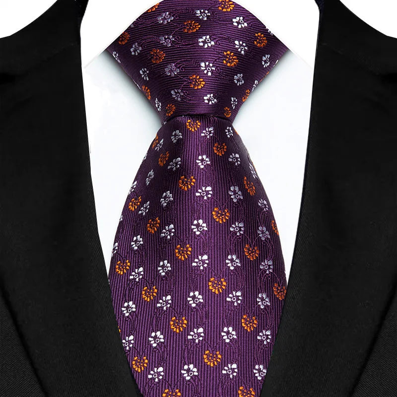 Purple men's necktie with floral plaid and stripe patterns, jacquard woven, suitable for business, wedding, or party attire.