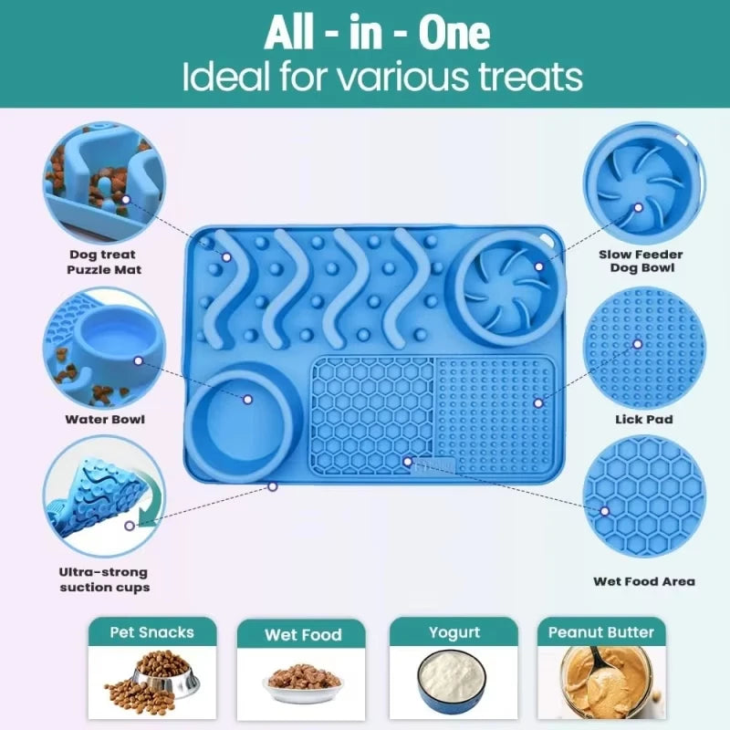 Turquoise slow feeder pet mat made of non-toxic silicone with aluminum bowl, designed to reduce anxiety and boredom in pets.