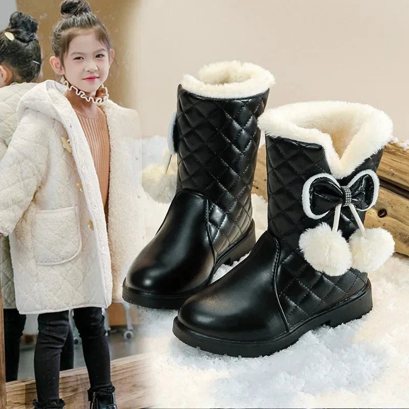 Girls winter snow boots by Mumoresip with plush fur lining and waterproof platform, ideal for cold snowy weather.