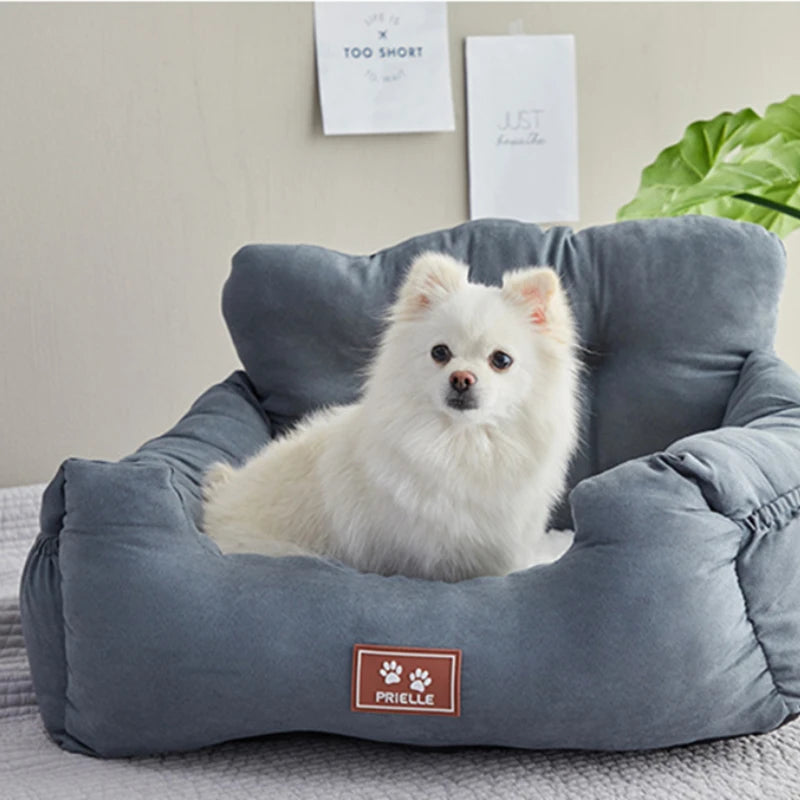 Showlu Universal Pet Car Seat Carrier in nylon with safety belt, designed for secure and comfortable dog transportation