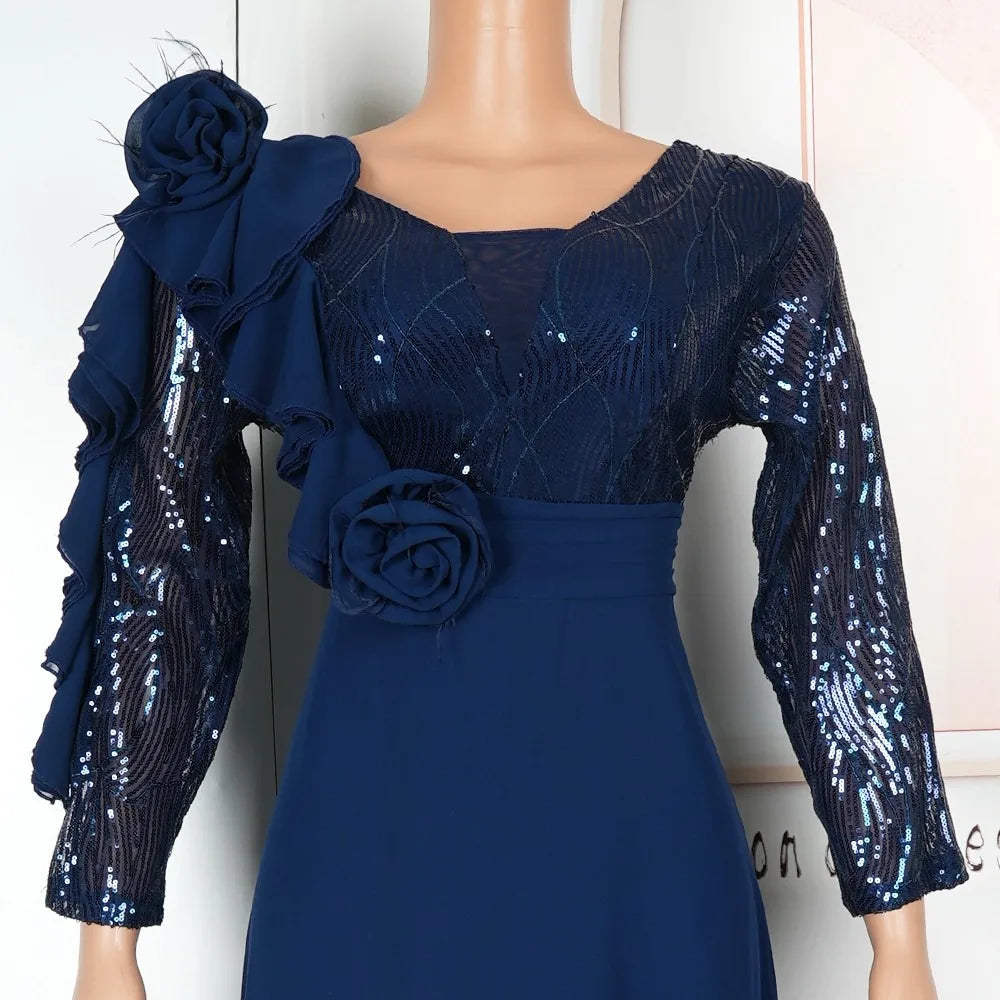 Kalenmos women's V-neck print maxi dress with long sleeves, elegant A-line design, showcasing floral pattern and flowing fabric.