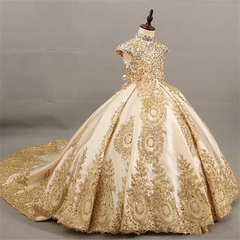 JDY girls' sleeveless ball gown with gold lace embroidery and a long train, elegant princess dress for special occasions
