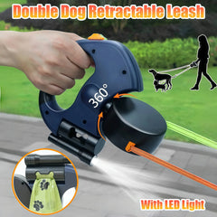 A blue double retractable dog leash with an integrated LED flashlight and waste bag dispenser.