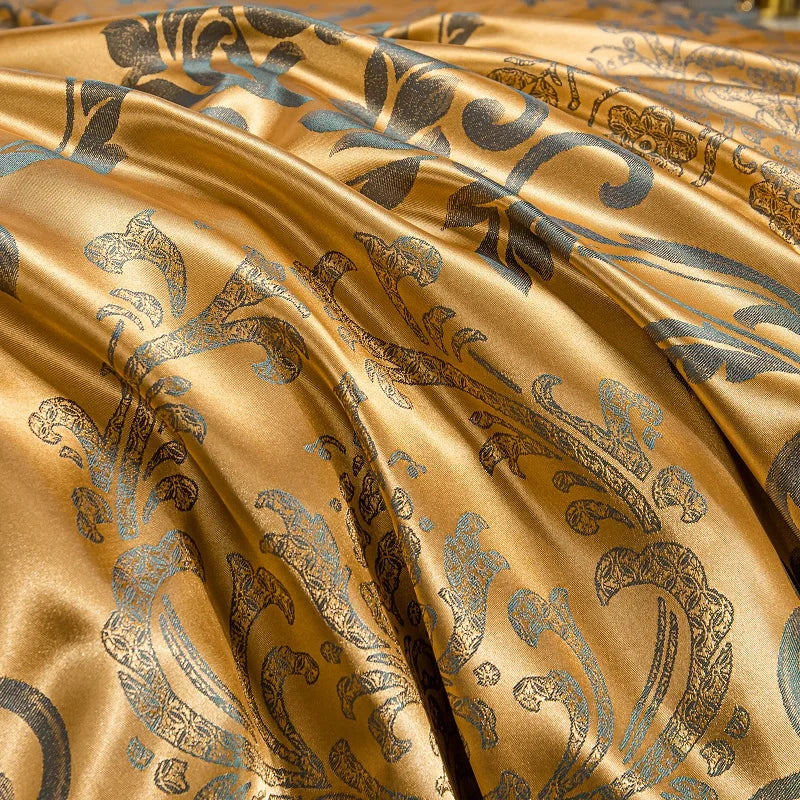 Luxury Euro Gold Satin Jacquard Lace Bedding Set Soft Silky Single Queen King Double Duvet Cover Set Bed Sheet Set Pillowcases