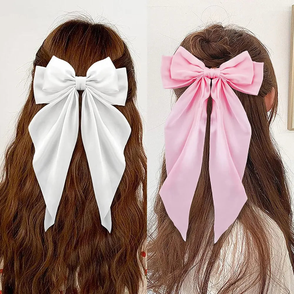 Set of two elegant satin bow ribbon hair clips for women and girls, stylish solid bowknot hairpins for ponytails and hair accessories