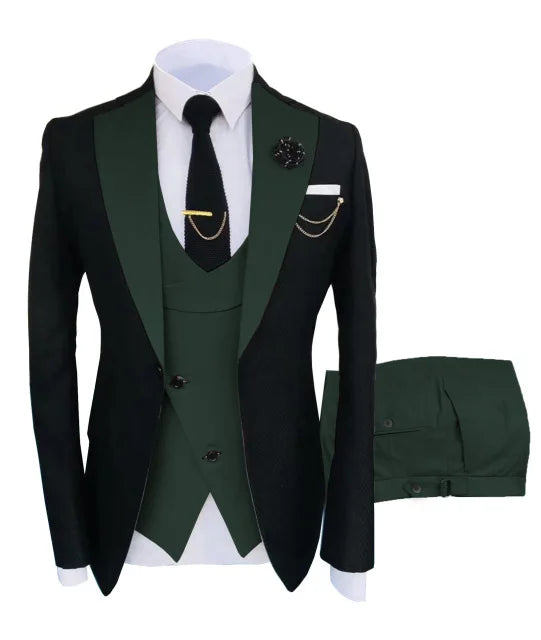 Showlu Smart General men's black slim fit business suit with jacket, pants, and vest, ideal for formal weddings and events.