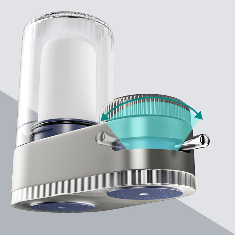 Showlu Faucet Water Purifier with washable physical filter and two filtering elements attached to a kitchen faucet.