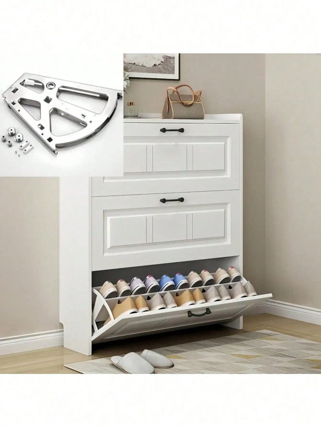 Stainless steel double-layer rotating shoe cabinet hinges by Showlu, featuring durable construction and smooth rotation mechanism.
