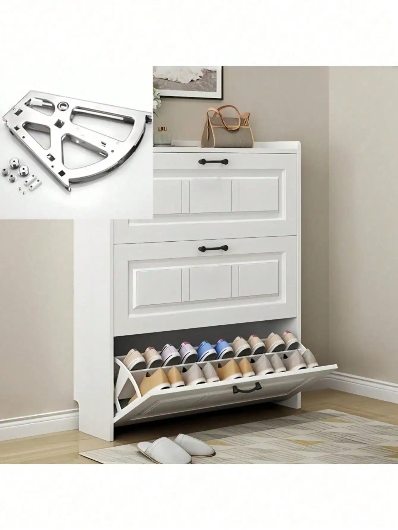 Stainless steel double-layer rotating shoe cabinet hinges by Showlu, featuring durable construction and smooth rotation mechanism.