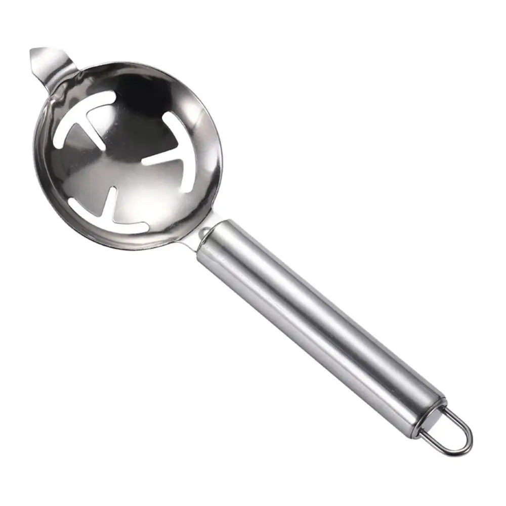 Stainless steel egg separator with long handle and extended lug design, silver, professional hangable yolk filter from Showlu Fashion Store.