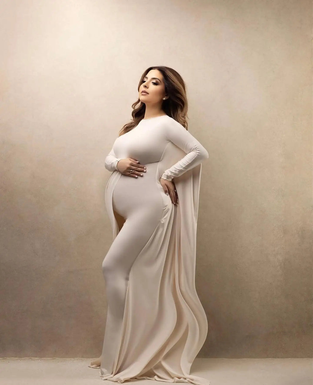 Showlu maternity photography dress with lace boat neck and bohemian style, perfect for special maternity photoshoots.