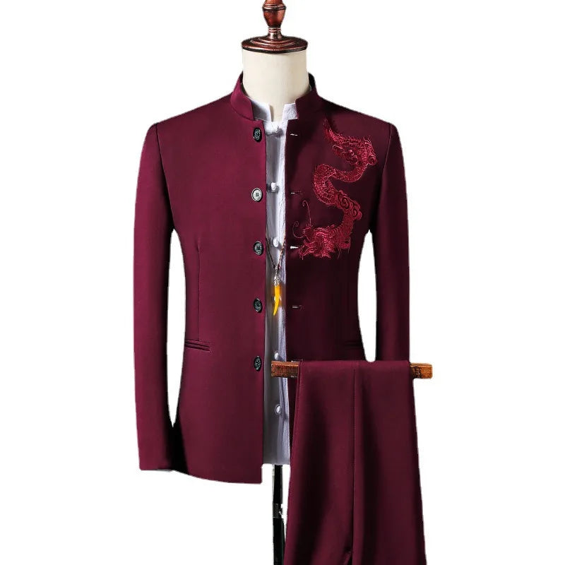 Men's slim fit 2-piece suit by Showlu Fashion with embroidered stand collar blazer and matching pants, stylish and modern design.