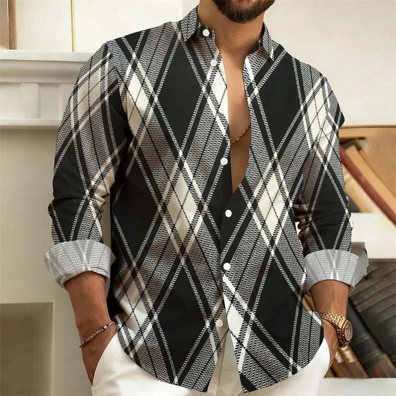 Men's plaid long-sleeved casual shirt by Showlu Fashion, stylish and comfortable with trendy design, available in sizes S-6XL.