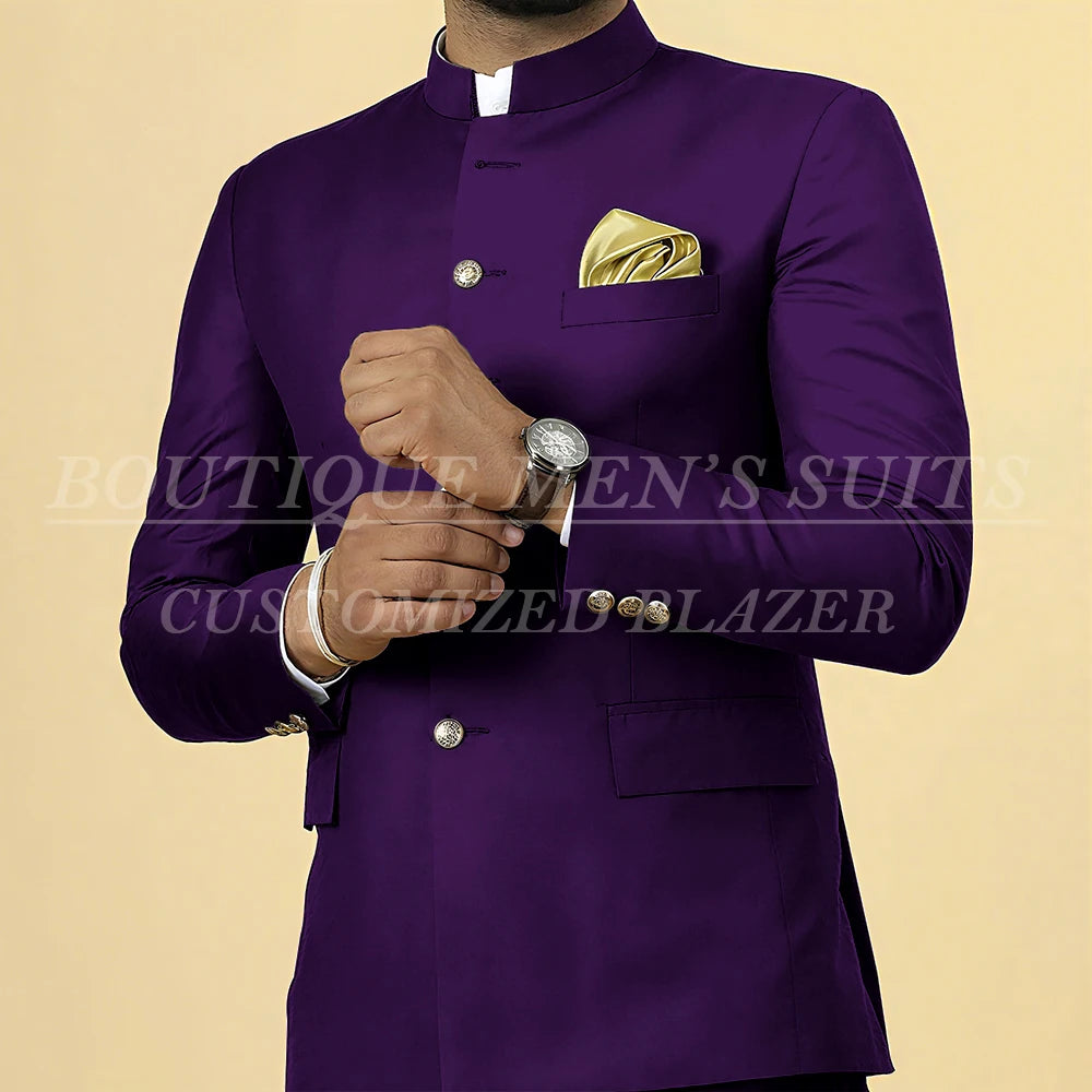 Elegant men's slim fit wedding suit with single-breasted blazer, stand lapel, and matching pants, showcased in a formal outfit.