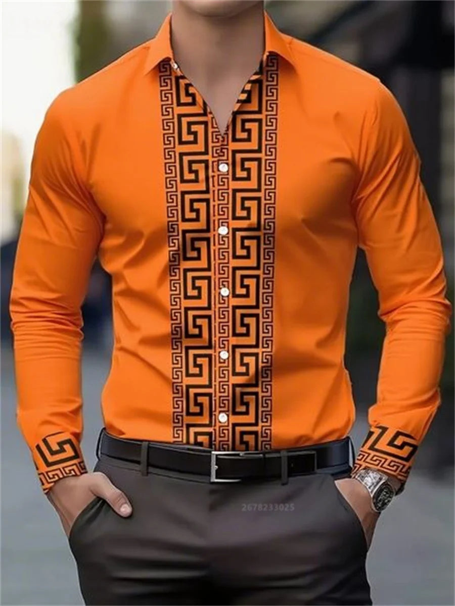 Men's long-sleeved patterned shirt with lapel buttons, stylish and comfortable casual top by Showlu Fashion Store