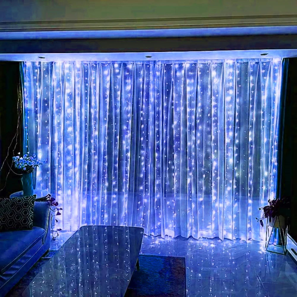 Showlu Smart General LED curtain fairy lights hanging with warm glow, ideal for home decor and ambient lighting.