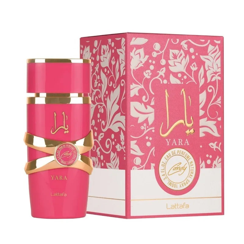 Lattafa Yara Candy EDP 100ml floral fruity vanilla perfume for women, with elegant bottle and floral accents.