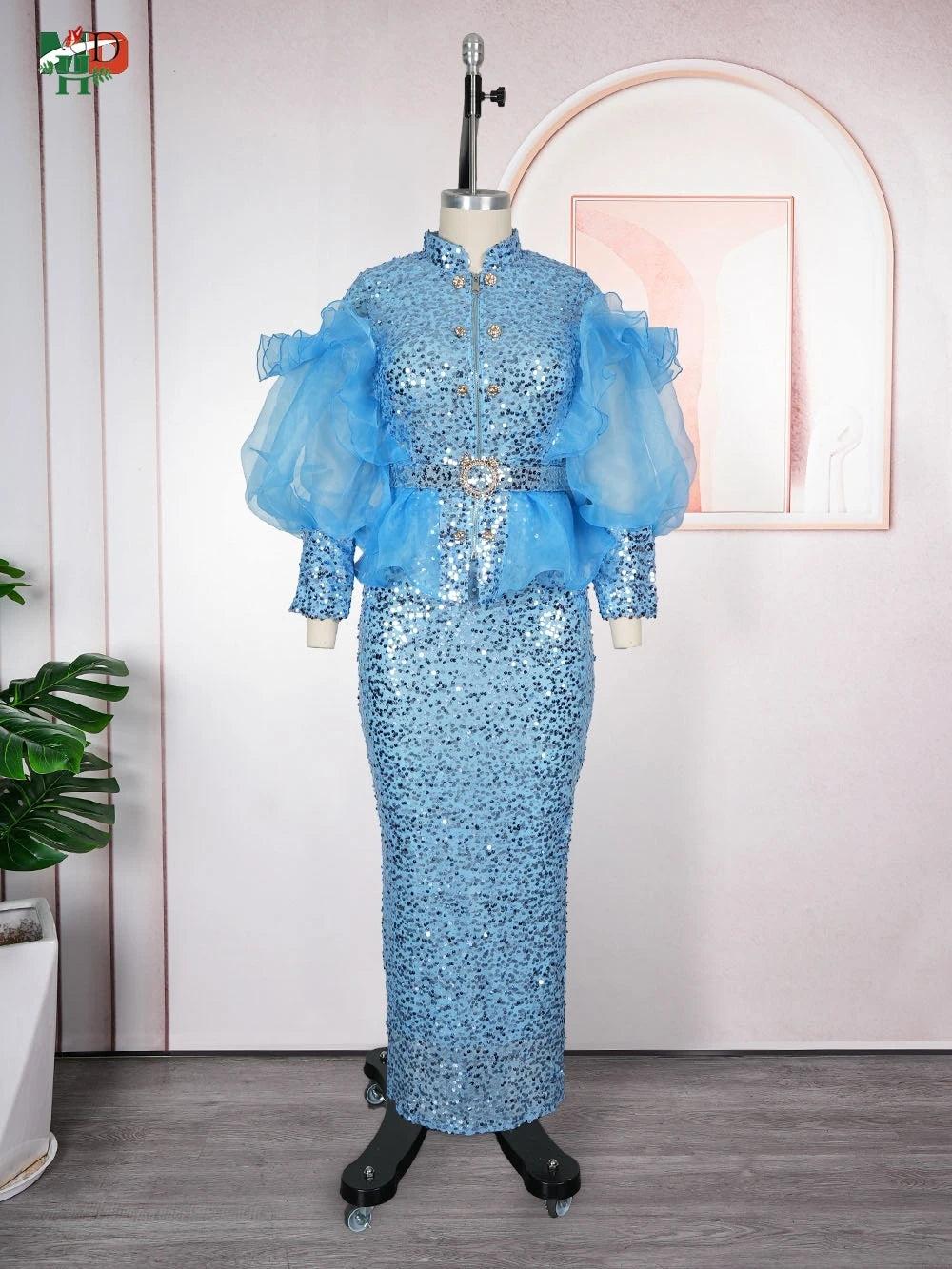 African sequin 2-piece dress set featuring a puffy mesh sleeve top and a flowing maxi skirt, stylish and elegant for special occasions.