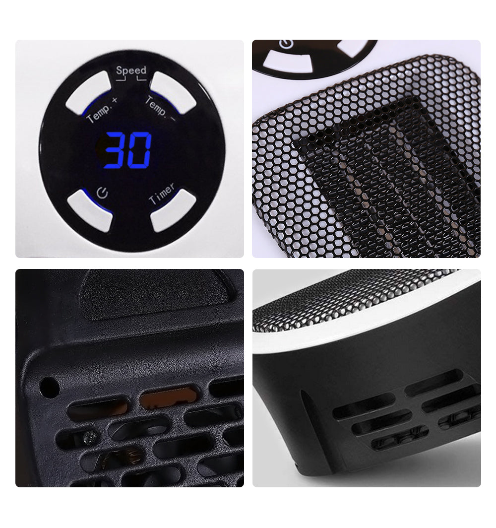Showlu Smart General 500W mini ceramic space heater plugged in, compact design ideal for small rooms or personal heating.