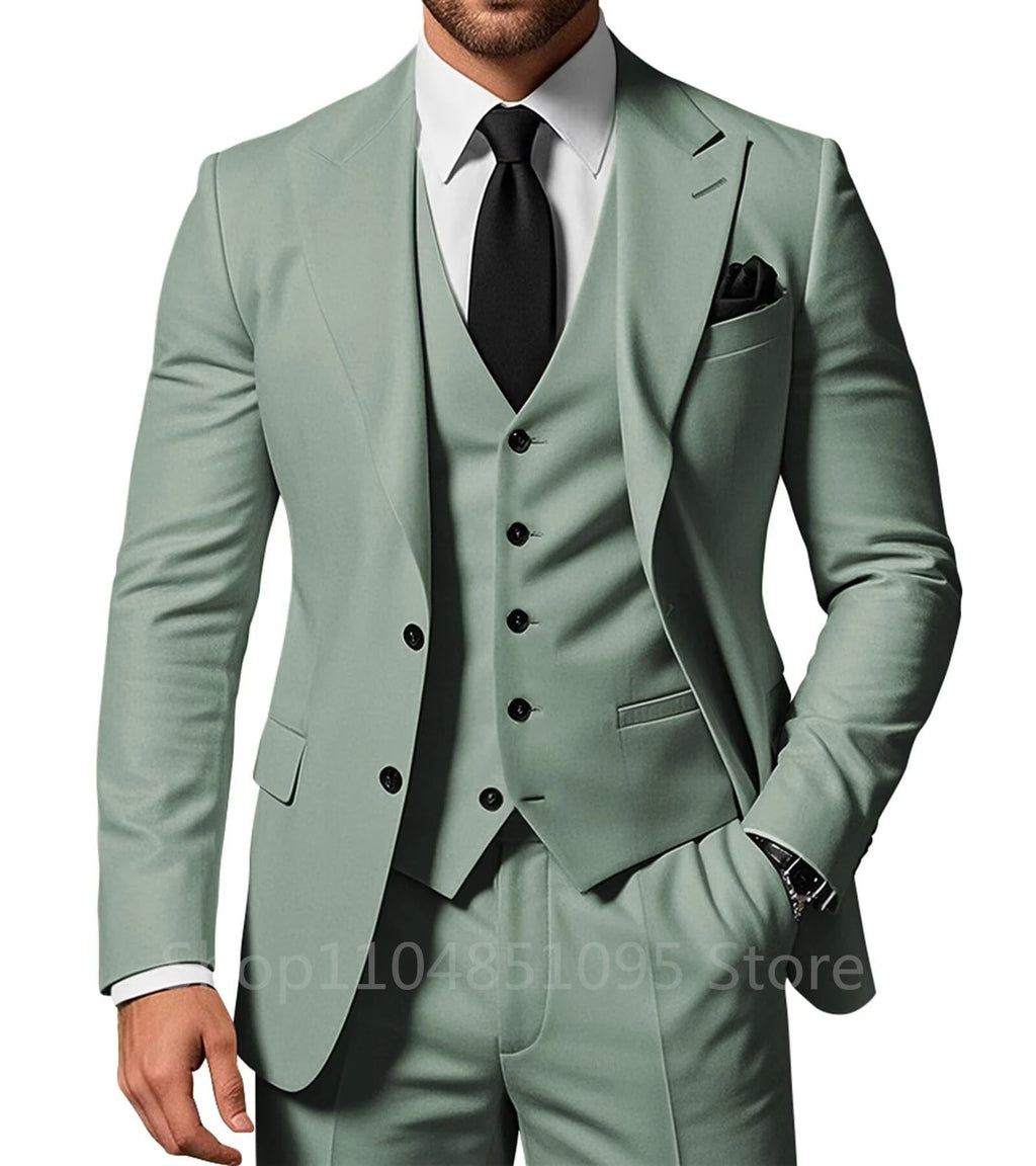 Solid wedding men's suit set with peak lapel tuxedo jacket, dress pants, and vest for formal events and prom by Showlu Fashion.