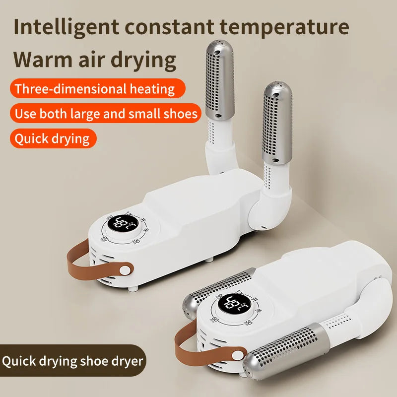 Showlu Smart Electric Shoe Dryer with 150W power, portable design, deodorizer function, and timer for quick, effective shoe drying.