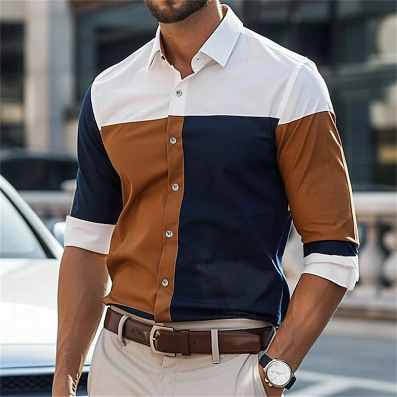 Men's long-sleeved casual shirt by Showlu Fashion Store, featuring simple style, suitable for fall, streetwear, and office wear.