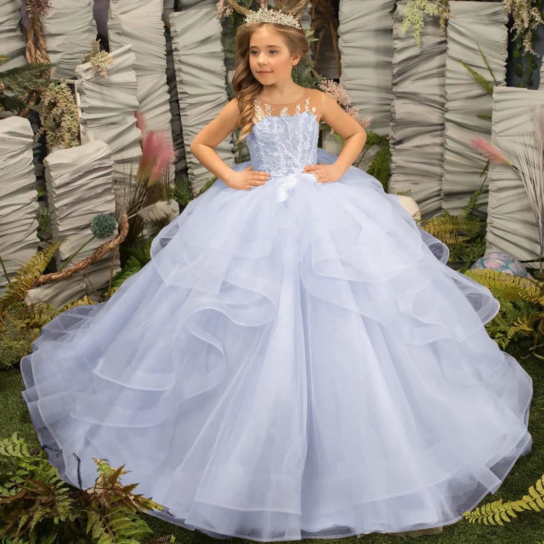 Light champagne flower girl dress by Gdybao, tiered tulle ball gown for weddings, featuring floral details and delicate fabric.