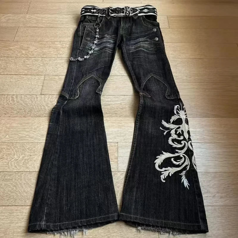 High-waisted retro lace-up micro flared jeans for women and men with washed Y2K streetwear style by Showlu Fashion.