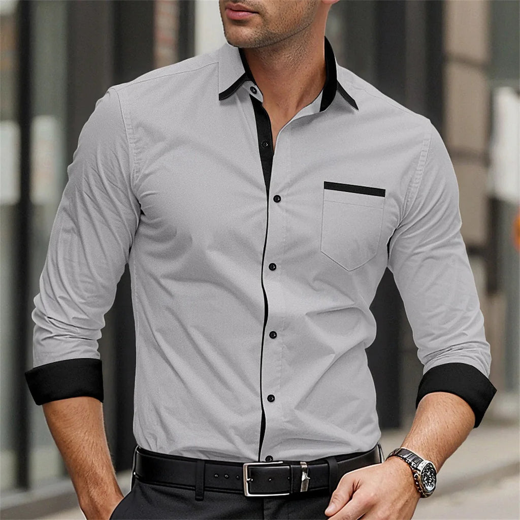 Men's formal long sleeve button-up shirt by Showlu Fashion, solid color with lapel, suitable for weddings and daily wear