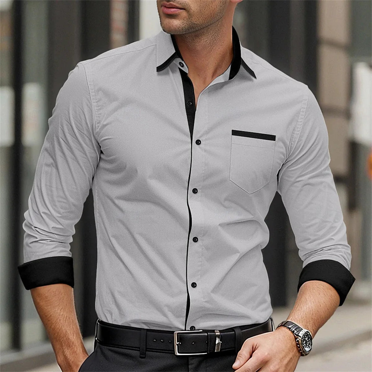 Men's formal long sleeve button-up shirt by Showlu Fashion, solid color with lapel, suitable for weddings and daily wear