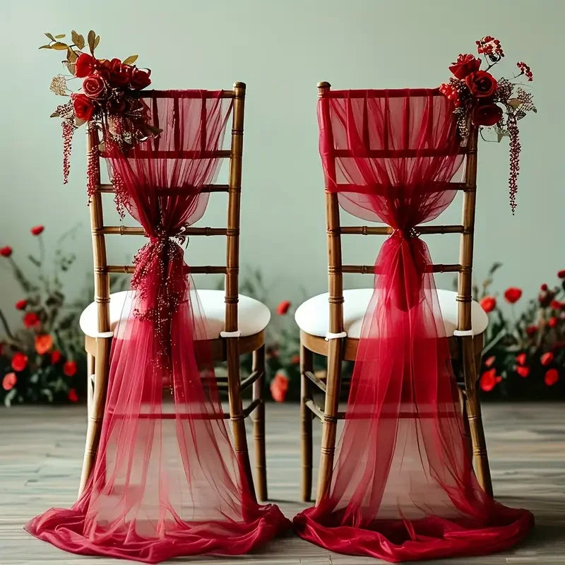Set of 50-10 gauze wedding chair sashes with bows, 200x75cm, in white, ideal for aisle decor and party chair covers.