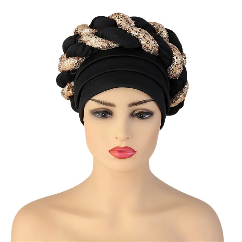 Sequins Braid Turban Cap for women African autogele Headtie
