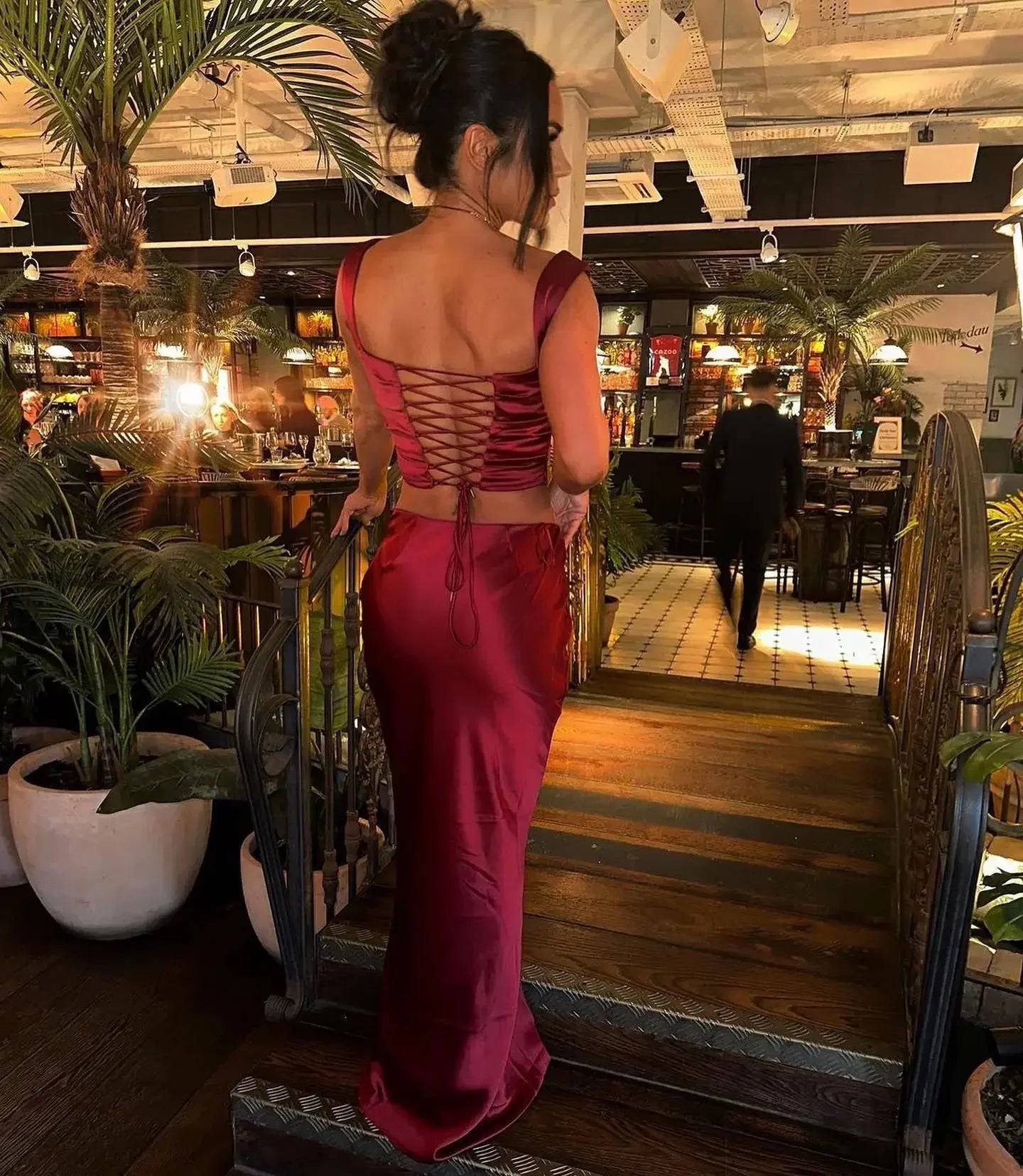Mingmingxi Wine satin corset top and matching skirt set for women, featuring a stylish, fitted design in deep wine color.