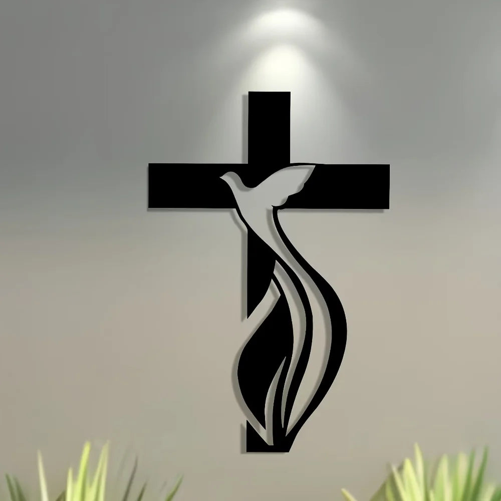 Dove and cross metal wall art by Showlu Fashion Store, minimalist iron home decor with elegant dove and cross design.