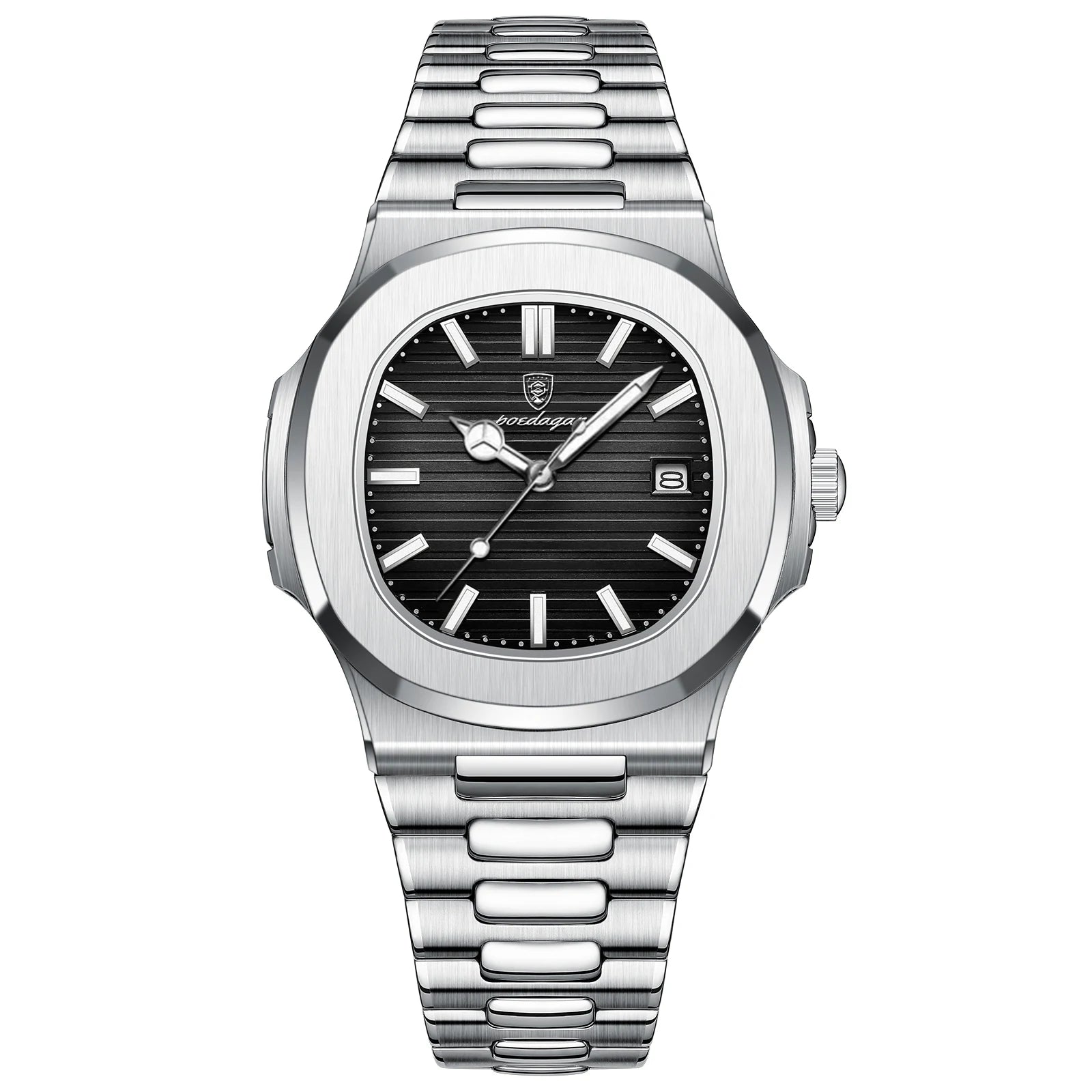 Square men's luxury waterproof wristwatch with luminous dial, stainless steel band, date display, and quartz movement.