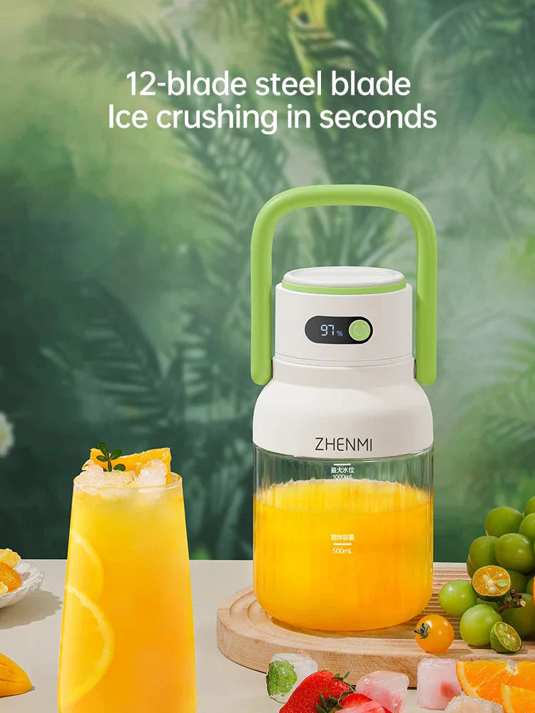 Wireless portable juicer cup by ZHENMI, 1000ml capacity, shows the sleek blender with a transparent container and electric base.