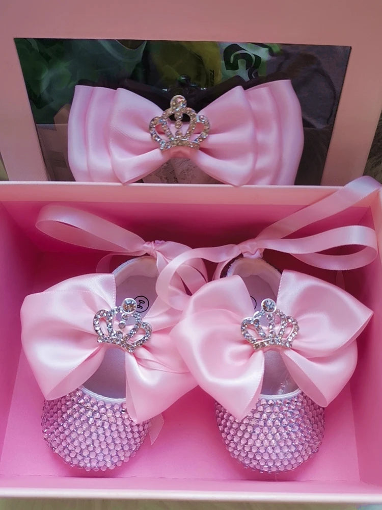 Dollbling Girls Pink Crown Ballerina Baptism Shoes Infant Dazzling Shoes Dress Handmade Mommy Daughter Outfit Bling Botties